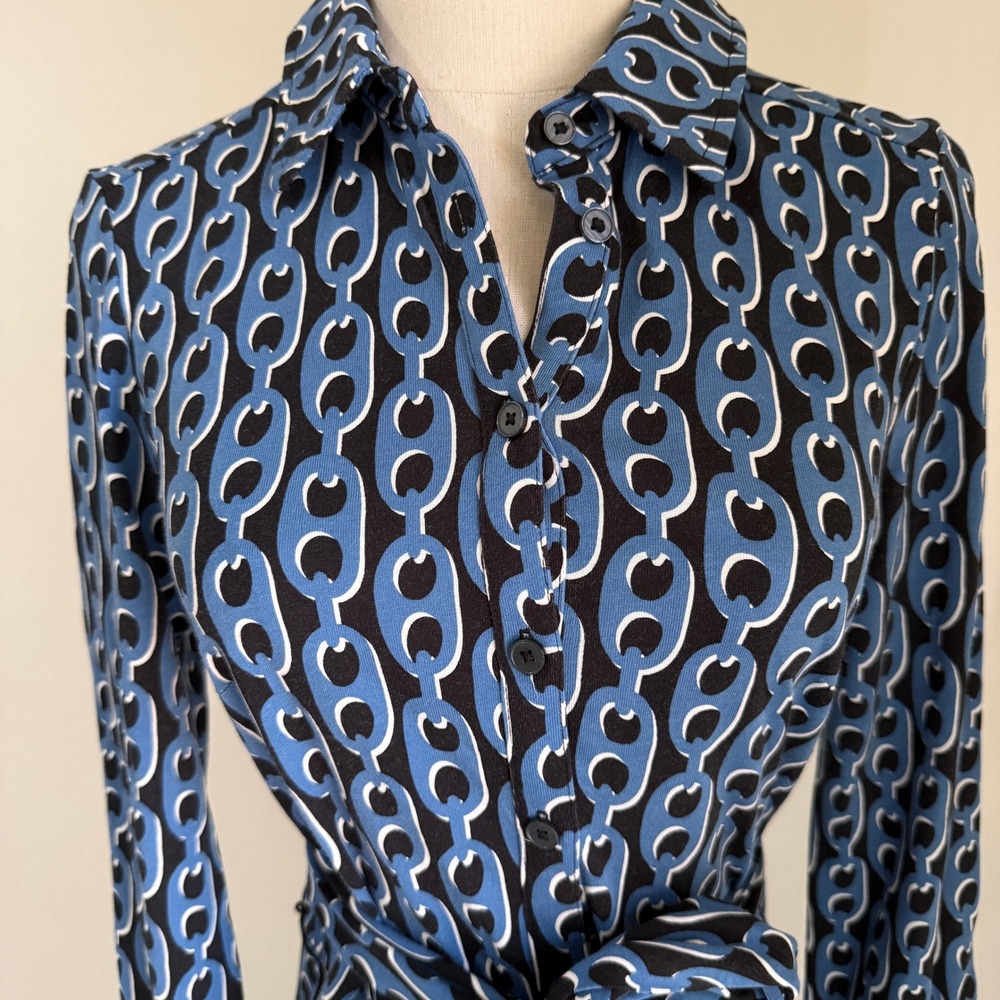 Boden Laura Midi Shirt Dress Blue Chain Link Tencel Cotton Sz 6 Mod Retro Office - Picture 2 of 10